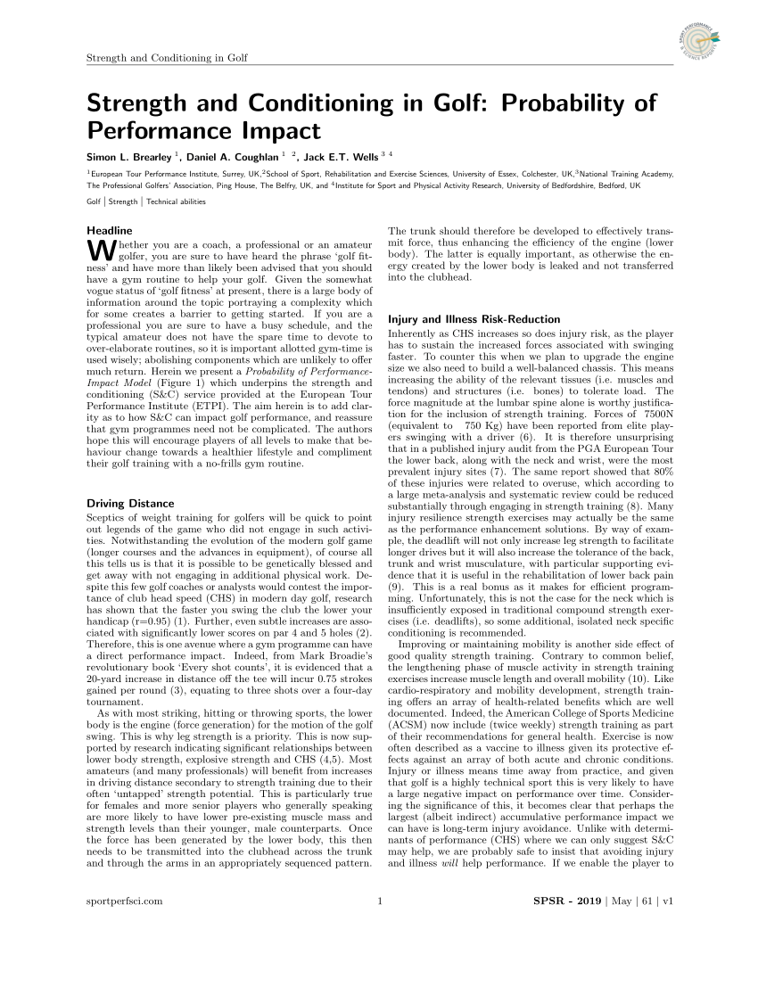 Pdf Strength And Conditioning In Golf Probability Of Performance Impact