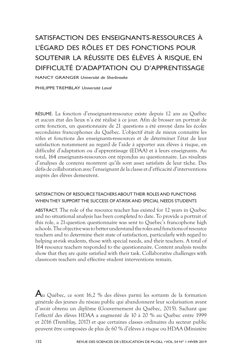 Pdf Satisfaction Des Enseignants Ressources A L Egard Des Roles Et Des Fonctions Pour Soutenir La Reussite Des Eleves A Risque En Difficulte D Adaptation Ou D Apprentissage