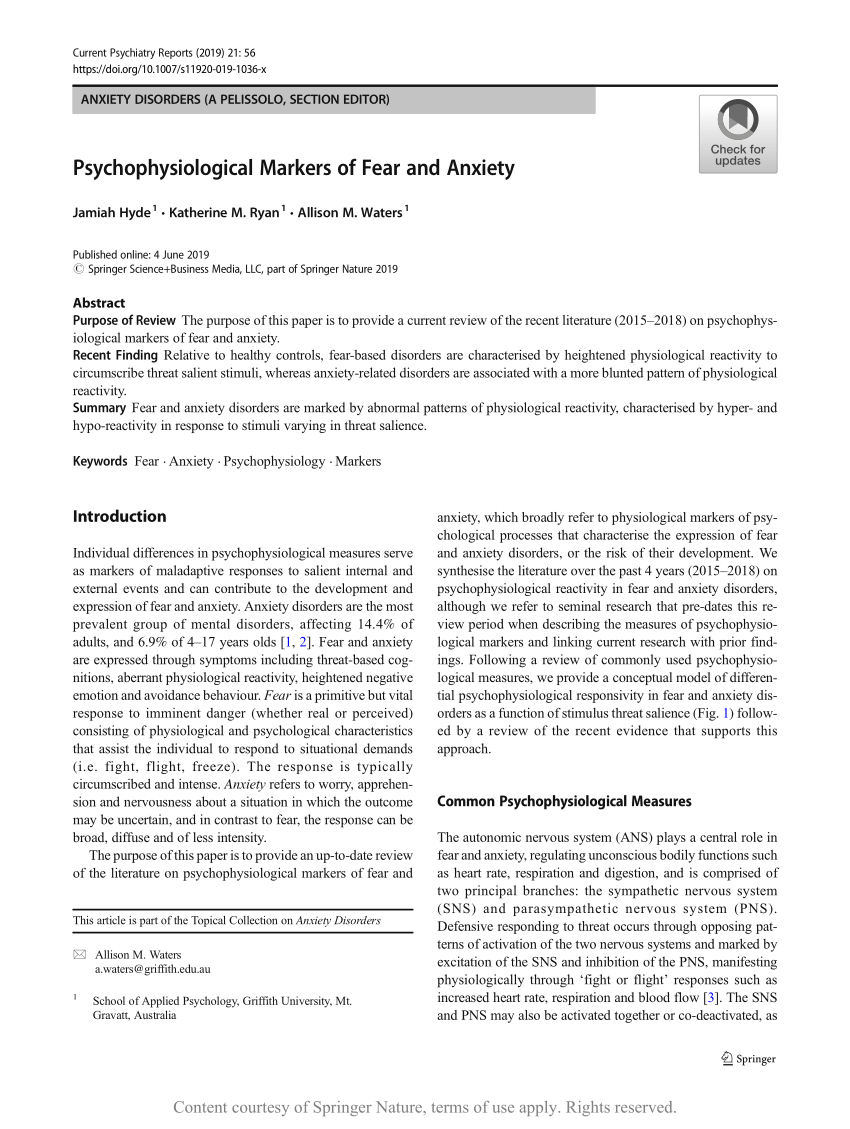 Psychophysiological Markers Of Fear And Anxiety Request Pdf