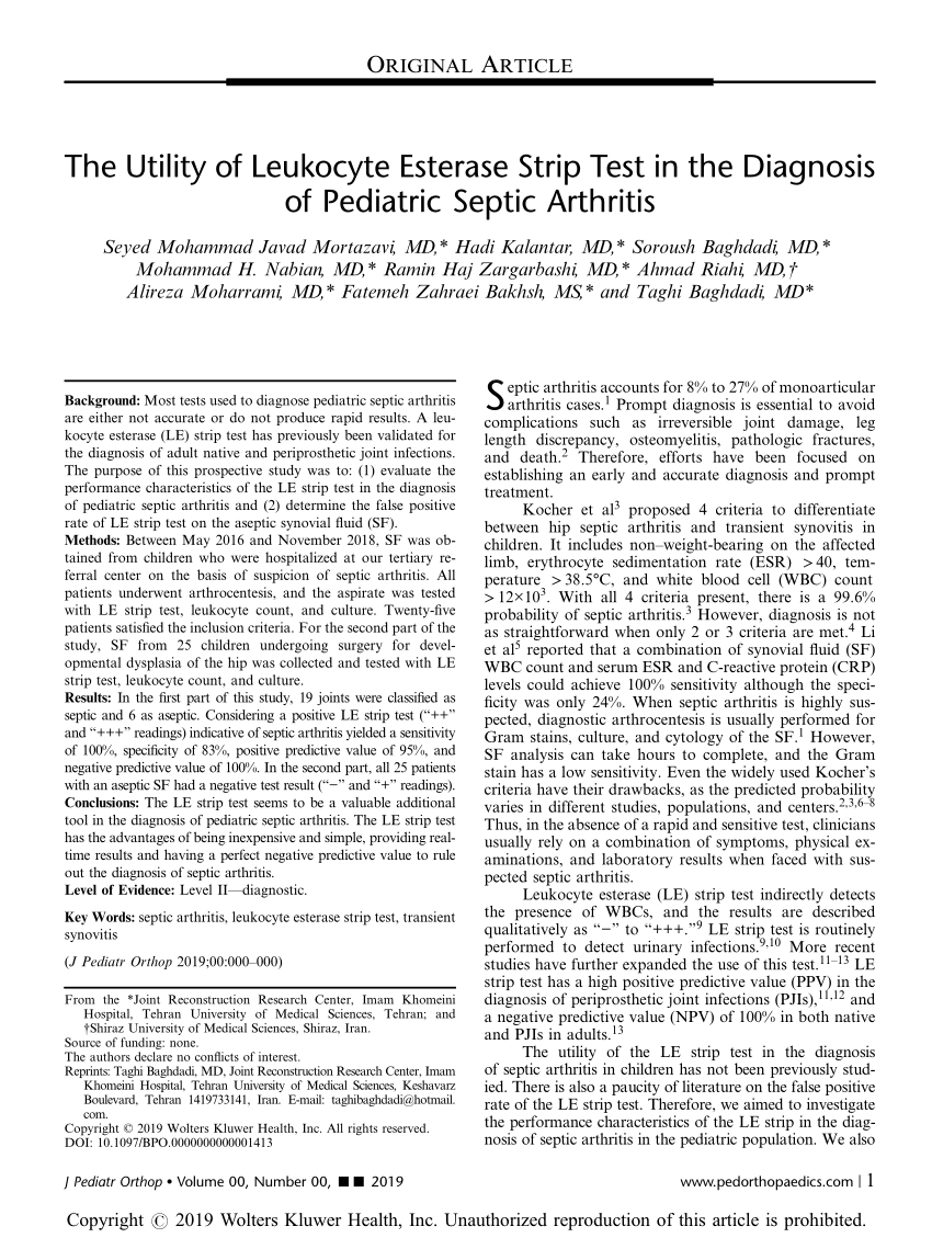 Pdf The Utility Of Leukocyte Esterase Strip Test In The Diagnosis Of Pediatric Septic Arthritis 8208