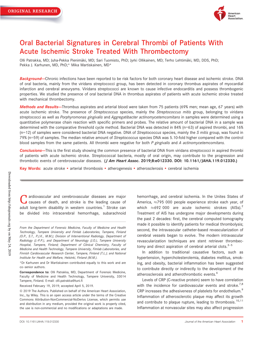 Pdf Oral Bacterial Signatures In Cerebral Thrombi Of - 