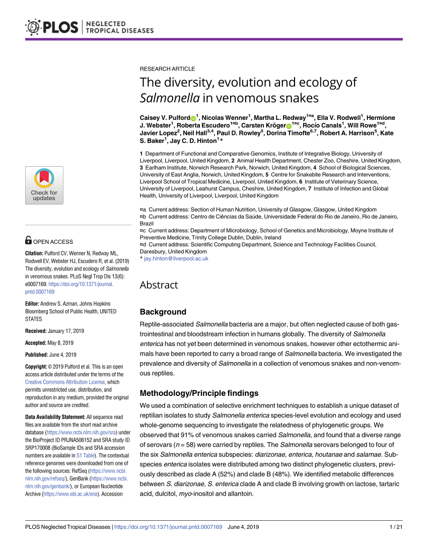 Pdf The Diversity Evolution And Ecology Of Salmonella In Venomous Snakes