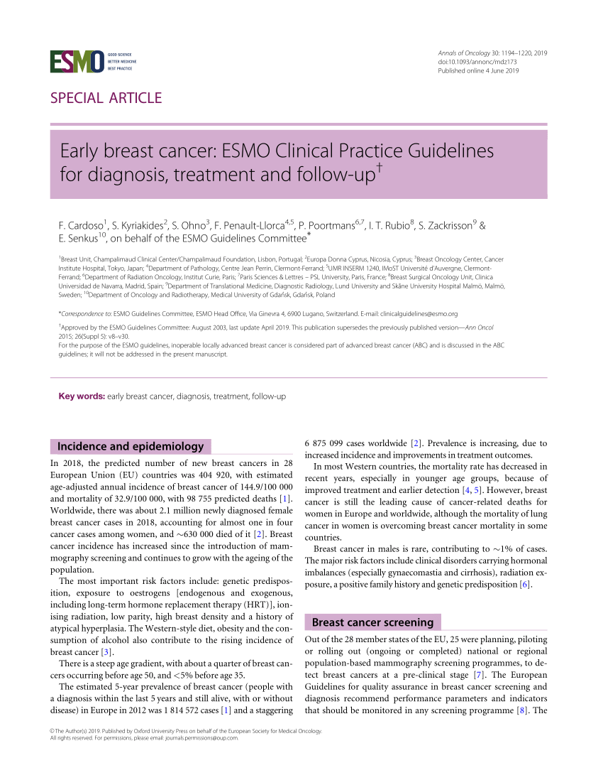 Pdf Early Breast Cancer Esmo Clinical Practice Guidelines For Diagnosis Treatment And Follow Up