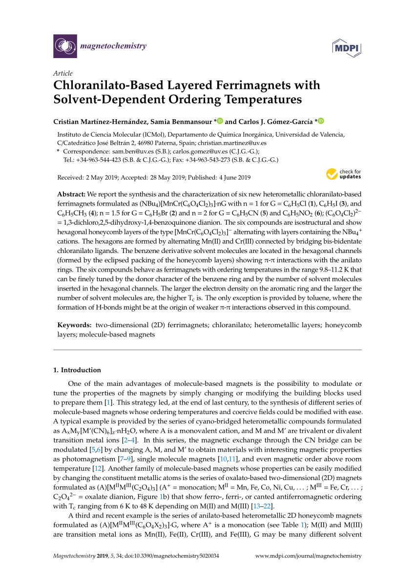 Pdf Chloranilato Based Layered Ferrimagnets With Solvent Dependent Ordering Temperatures