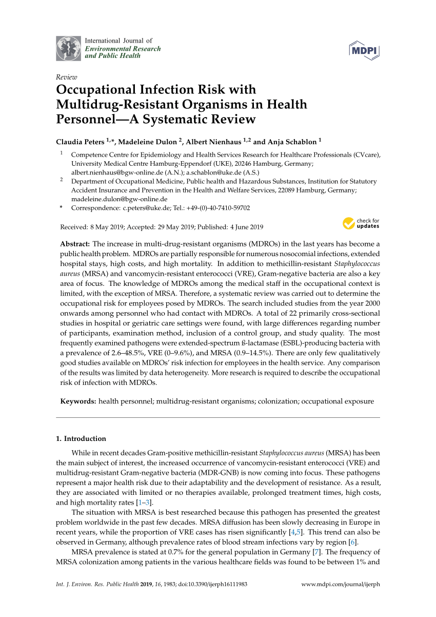 (PDF) Occupational Infection Risk with MultidrugResistant Organisms in