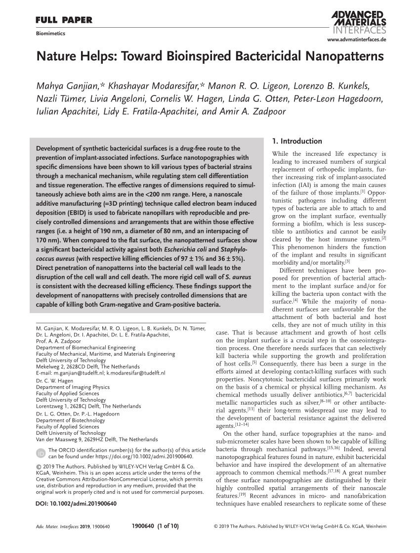 PDF) Nature Helps: Toward Bioinspired Bactericidal Nanopatterns