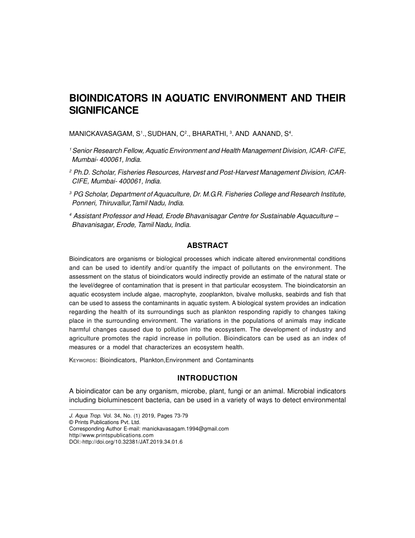 PDF) Bioindicators in Aquatic Environment and their significance