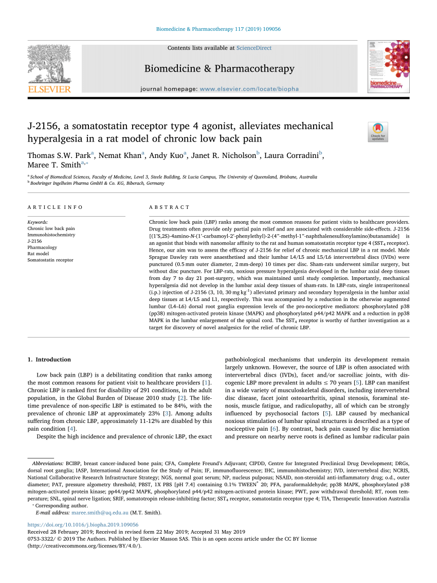 Pdf J 2156 A Somatostatin Receptor Type 4 Agonist Alleviates Mechanical Hyperalgesia In A Rat Model Of Chronic Low Back Pain