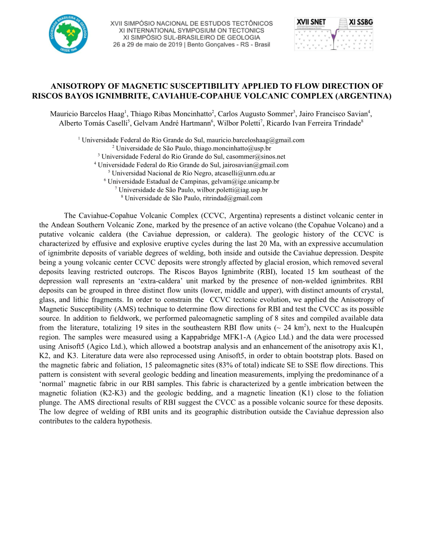 PDF) Anisotropia de susceptibilidade magnética aplicada a determinação do  sentido de fluxo de lavas e ignimbritos do Coomplexo Vulcânico  Caviahue-Copahue (Argentina)