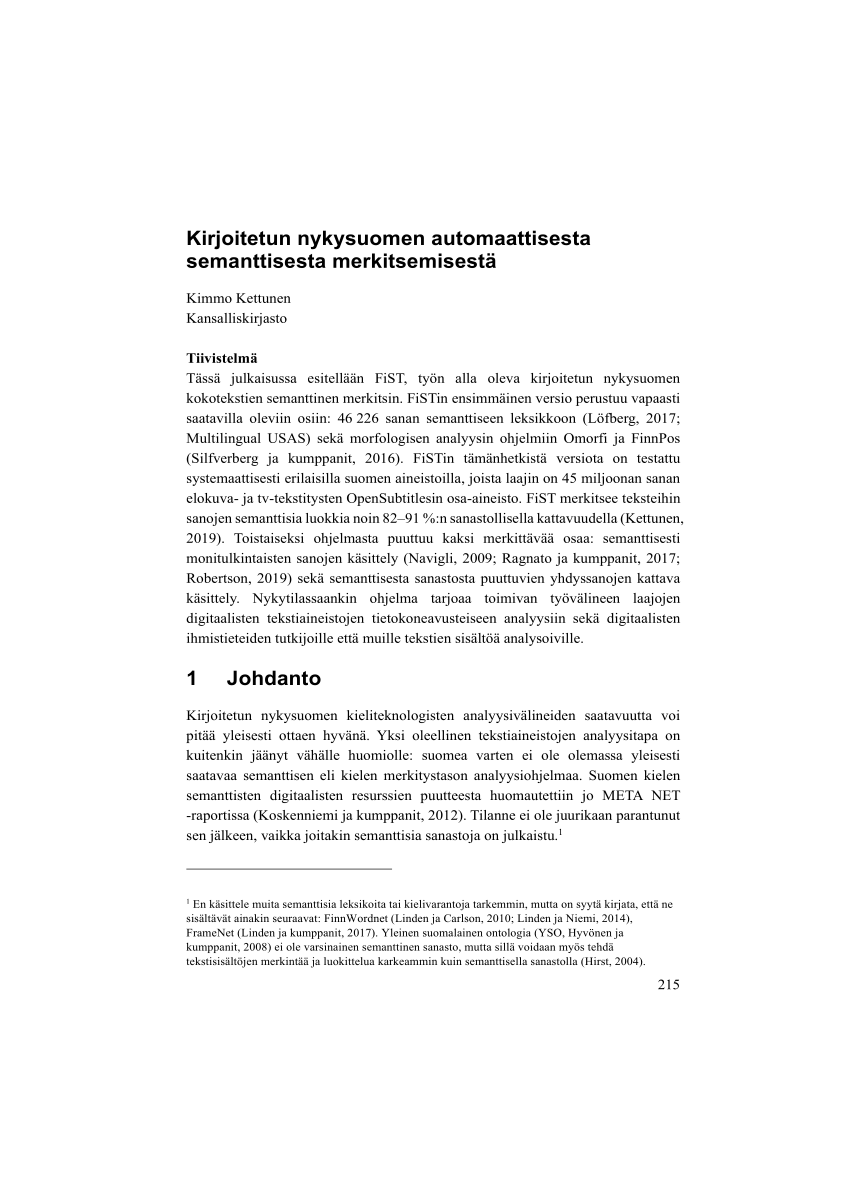 PDF) Kirjoitetun nykysuomen automaattisesta semanttisesta merkitsemisestä