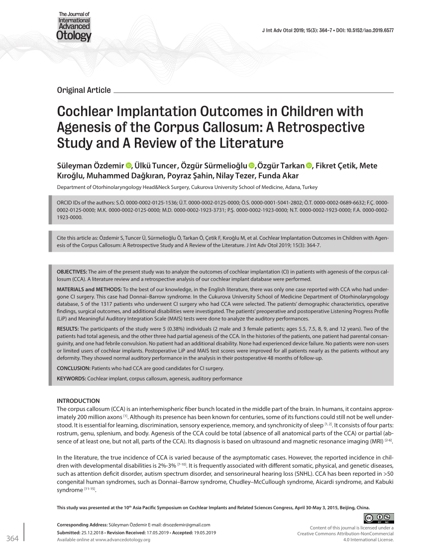 Pdf Cochlear Implantation Outcomes In Children With Agenesis Of The Corpus Callosum A Retrospective Study And A Review Of The Literature