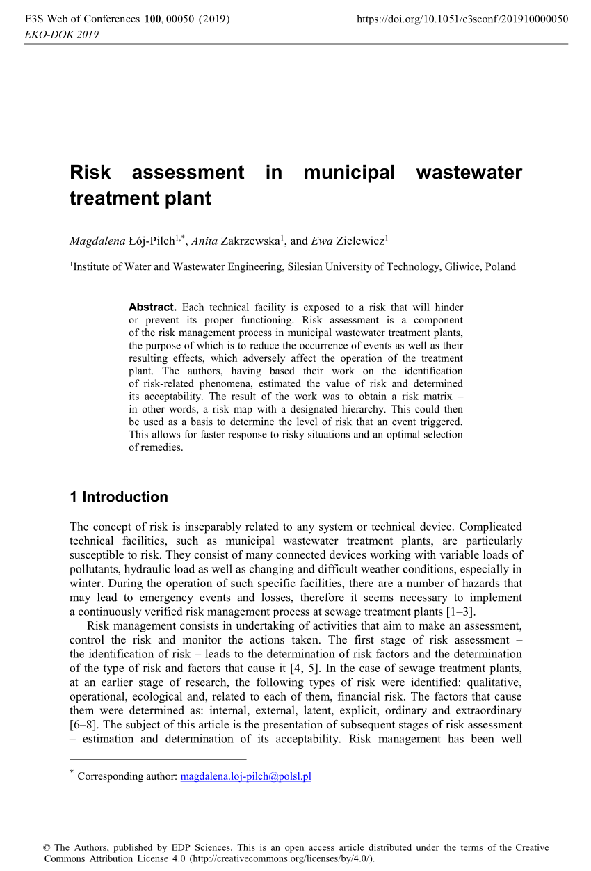 PDF) Risk assessment in municipal wastewater treatment plant