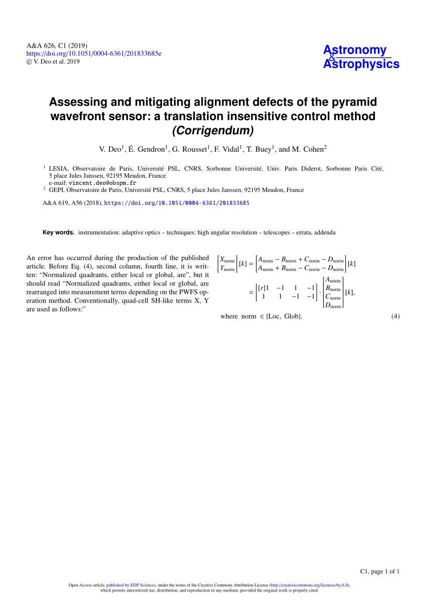 Pdf Assessing And Mitigating Alignment Defects Of The Pyramid Wavefront Sensor A Translation Insensitive Control Method Corrigendum