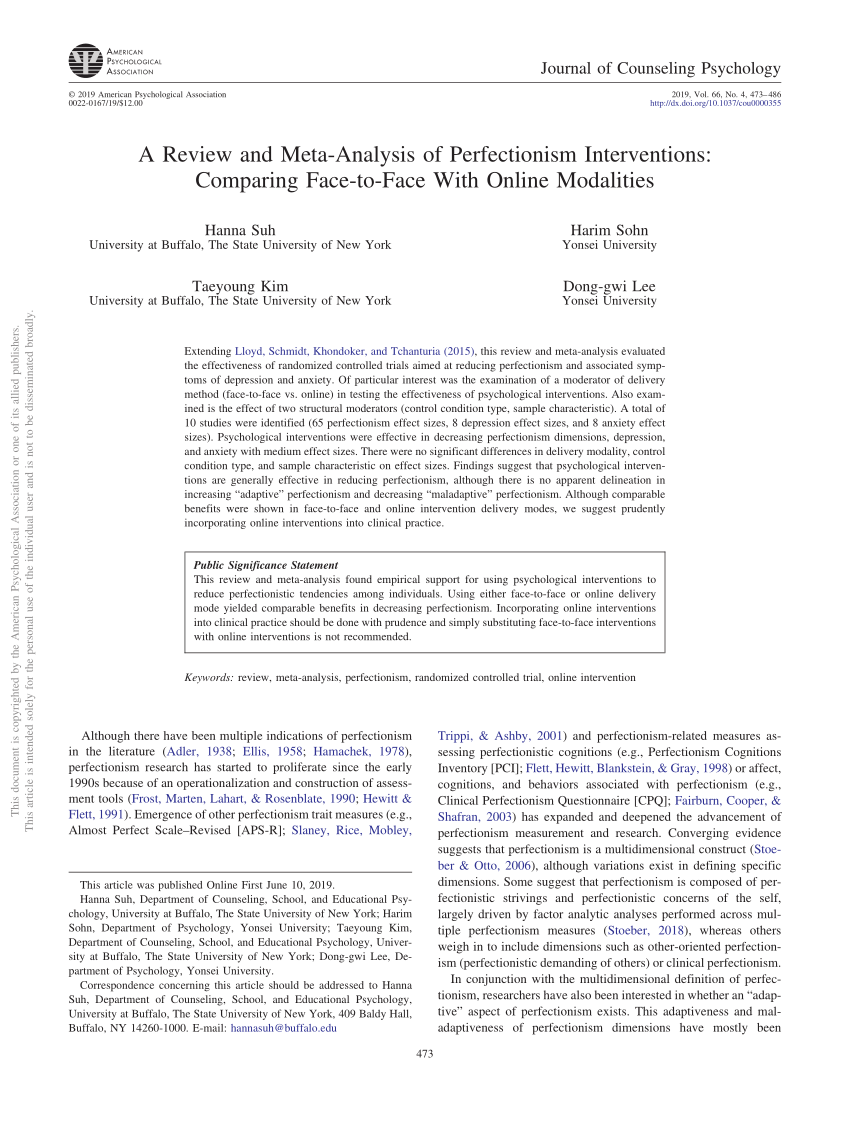 Pdf A Review And Meta Analysis Of Perfectionism Interventions Comparing Face To Face With Online Modalities