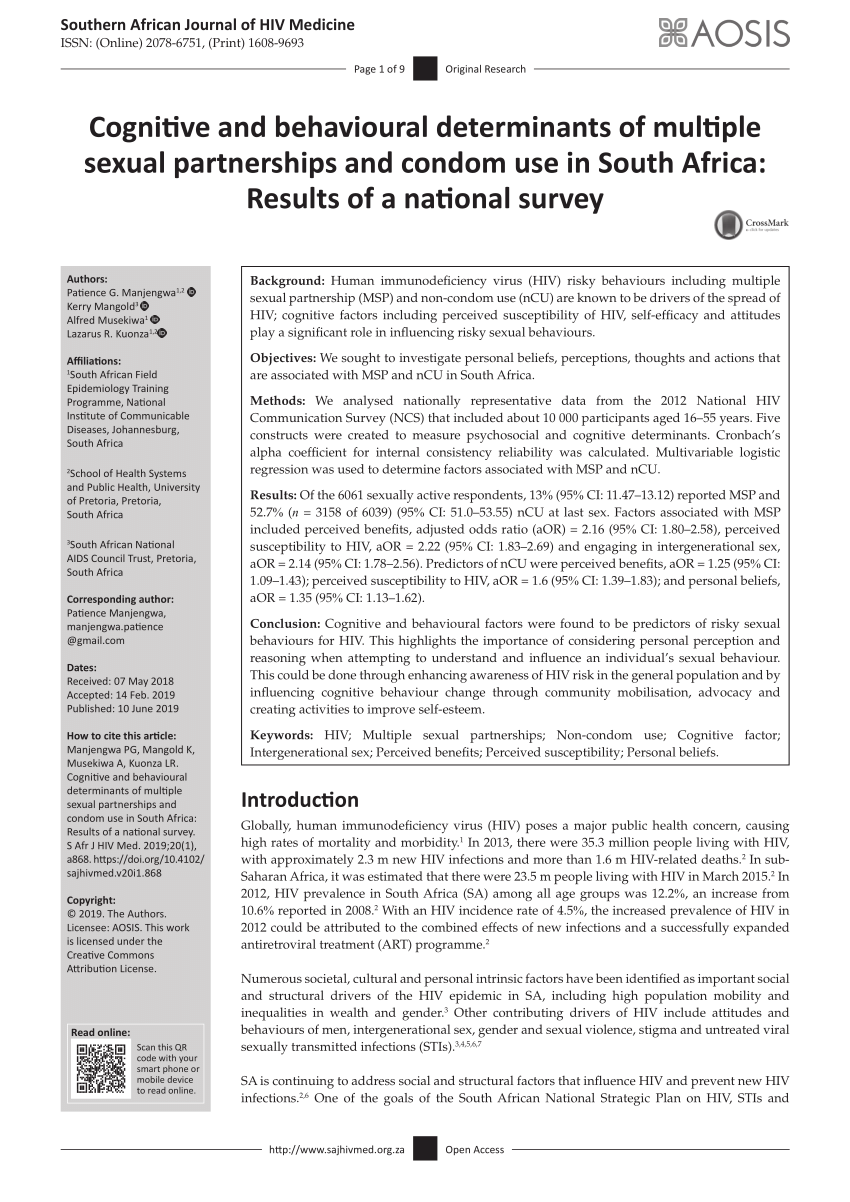 Pdf Cognitive And Behavioural Determinants Of Multiple Sexual Partnerships And Condom Use In 8962