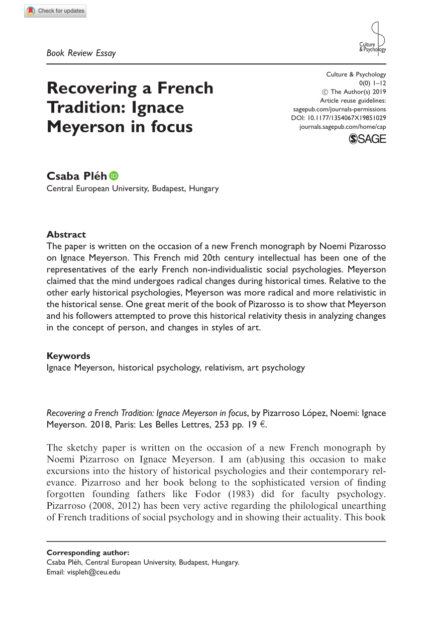 Pdf Recovering A French Tradition Ignace Meyerson In Focus