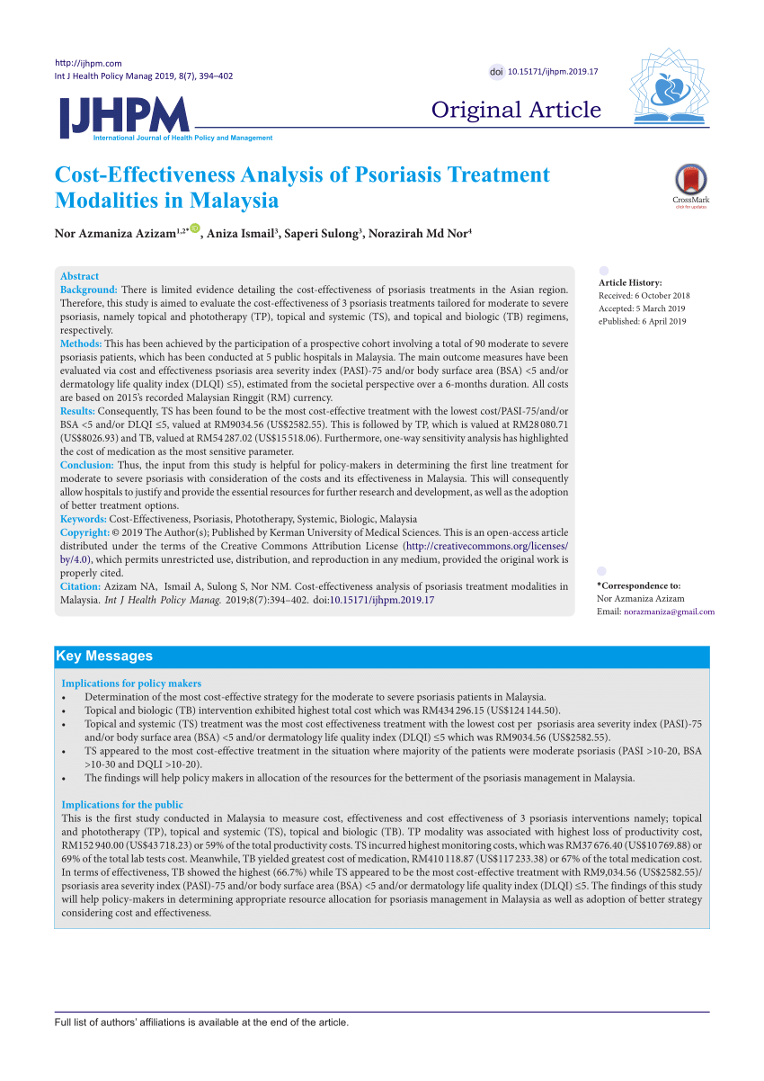 Pdf Cost Effectiveness Analysis Of Psoriasis Treatment Modalities In Malaysia
