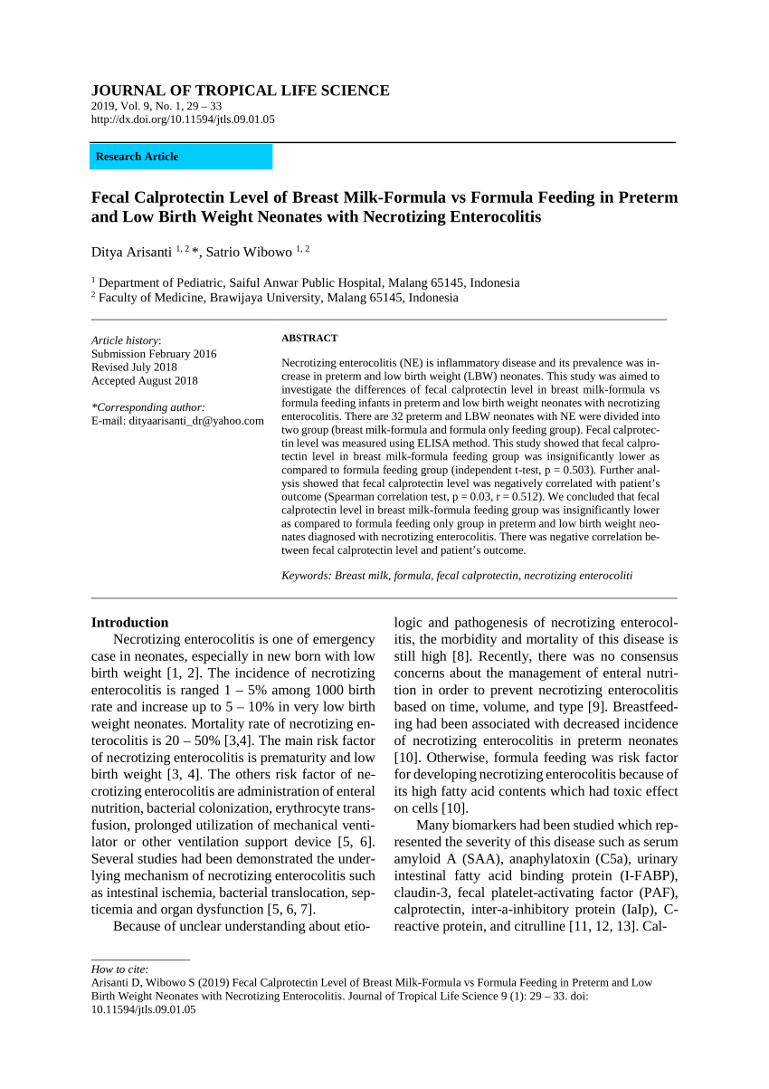 PDF) Fecal Calprotectin Level of Breast Milk-Formula vs Formula Feeding in Preterm and Low Birth Weight Neonates with Necrotizing Enterocolitis