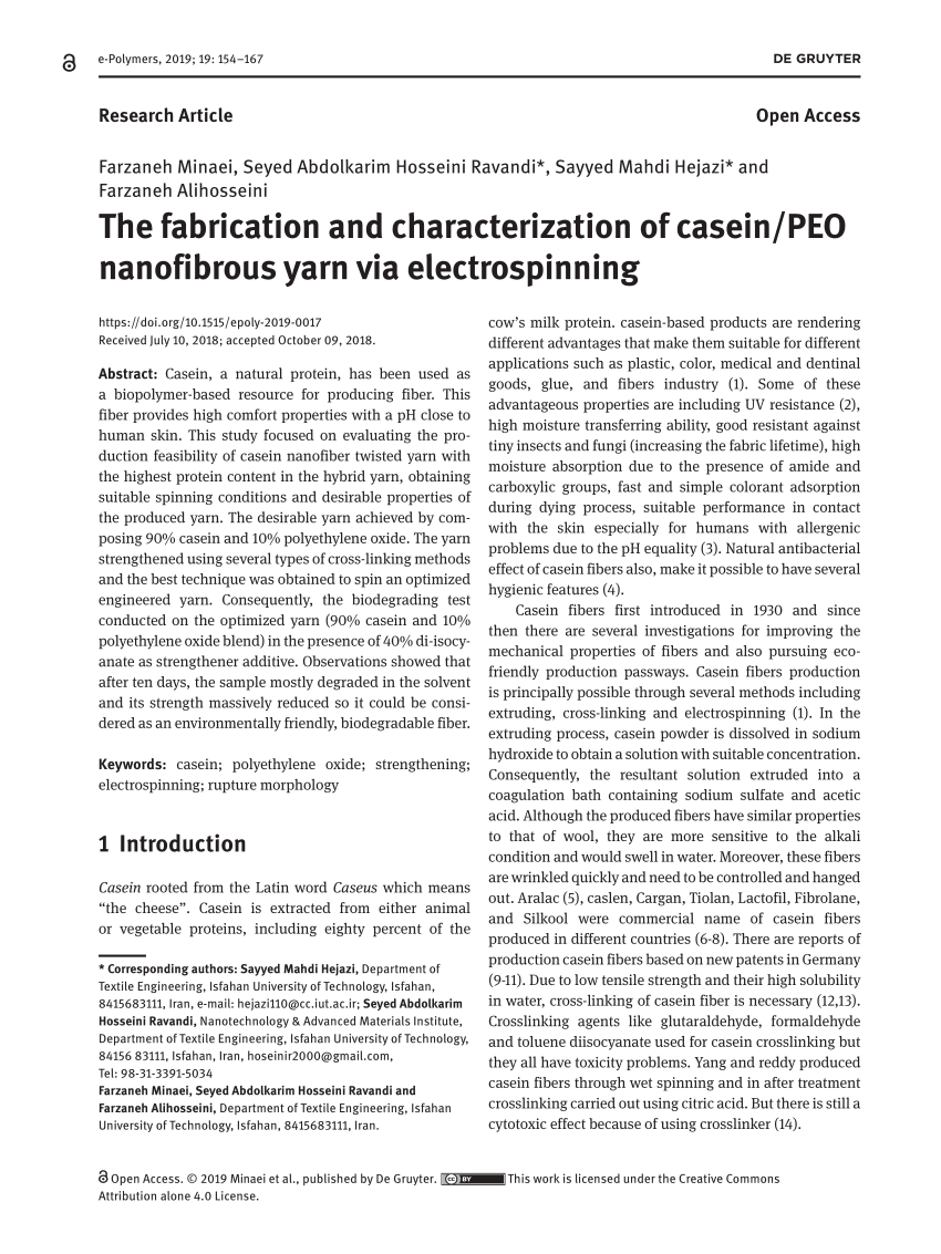 PDF) The fabrication and characterization of casein/PEO nanofibrous yarn  via electrospinning