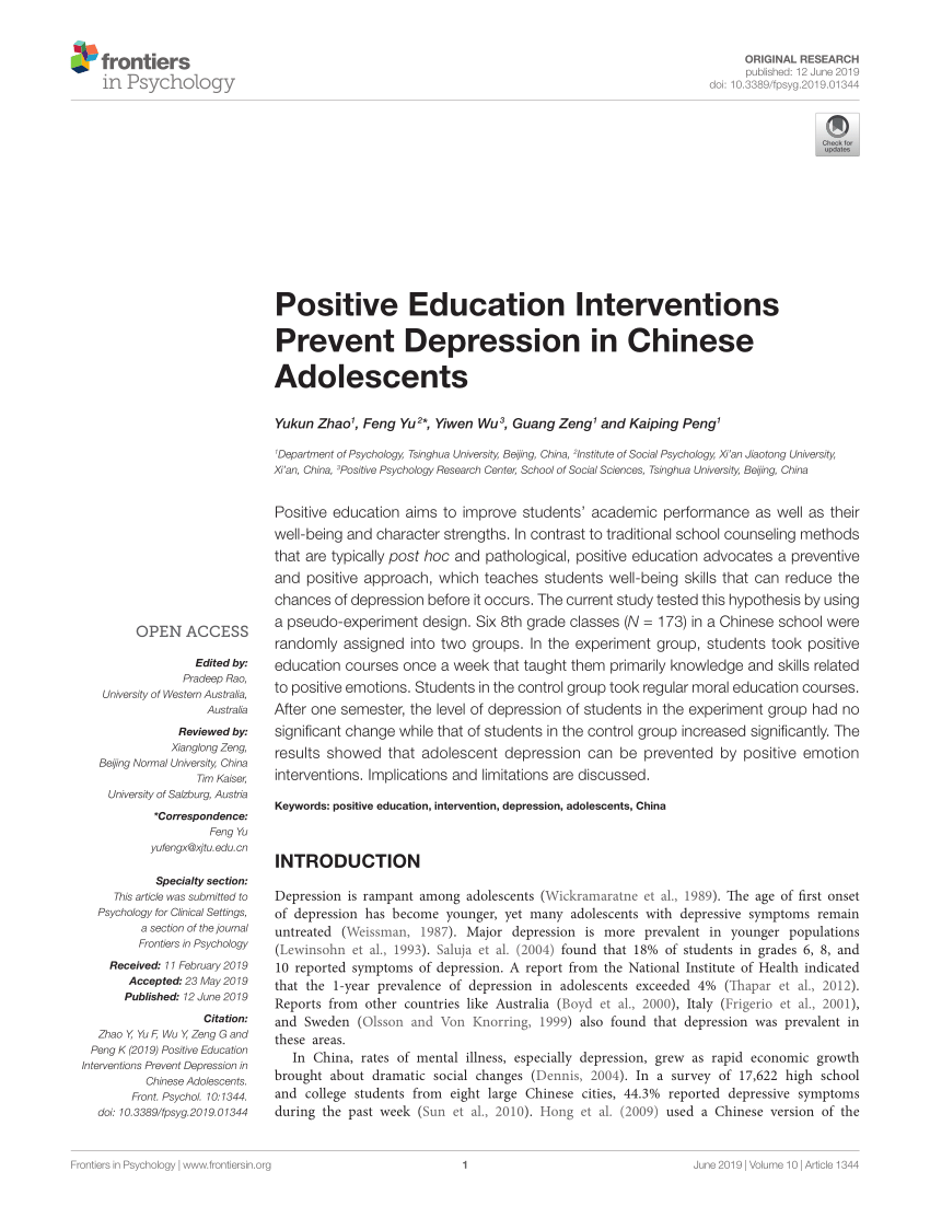 Pdf Positive Education Interventions Prevent Depression In Chinese Adolescents