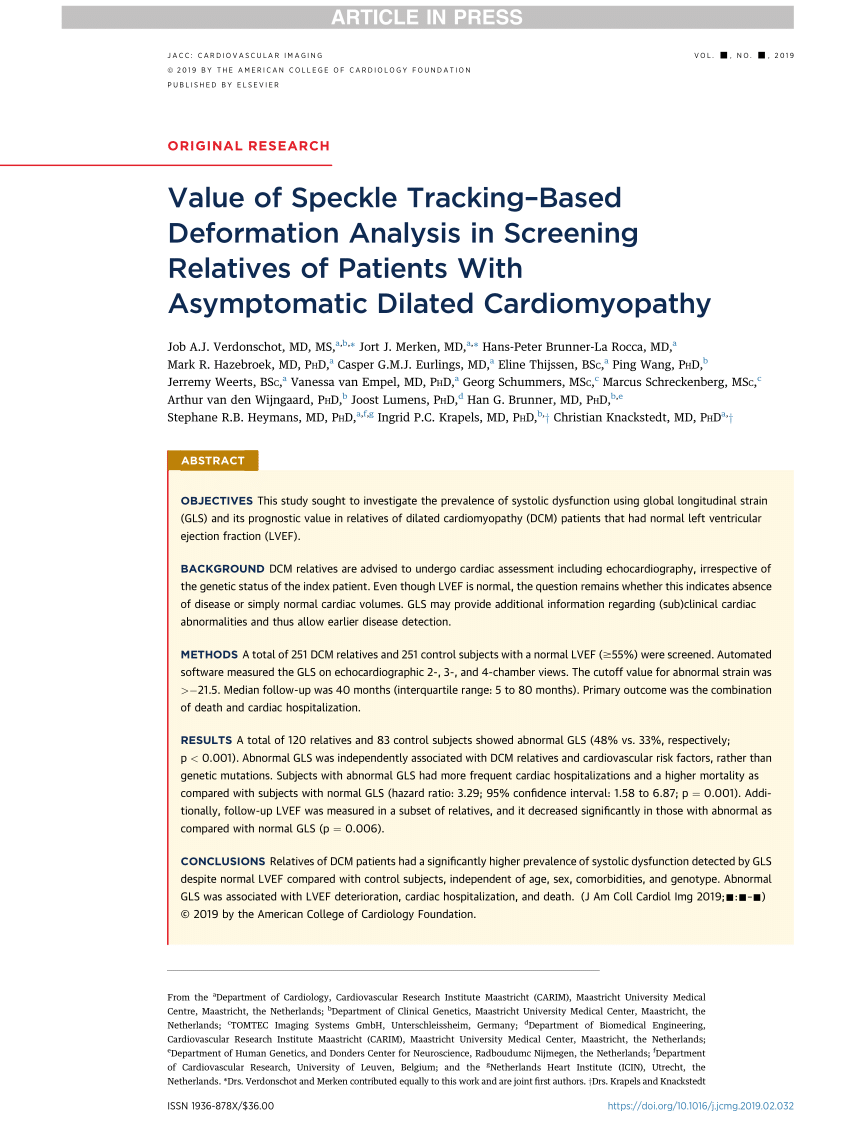 Value of Speckle Tracking–Based Deformation Analysis in Screening Relatives  of Patients With Asymptomatic Dilated Cardiomyopathy - ScienceDirect