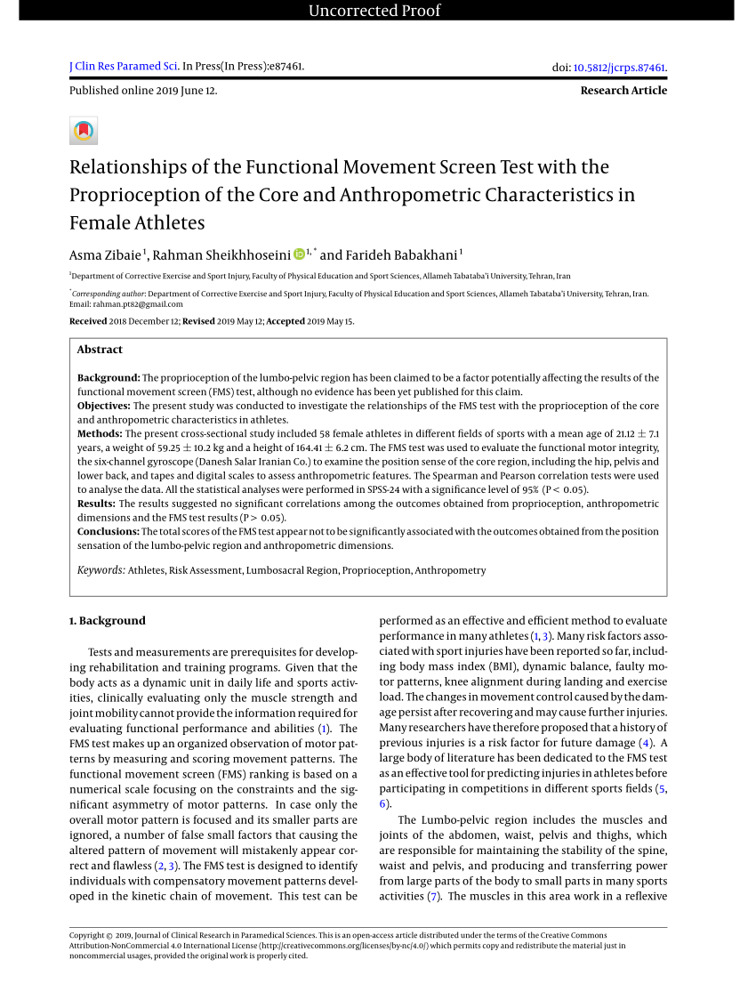 Pdf Relationships Of The Functional Movement Screen Test With The Proprioception Of The Core 