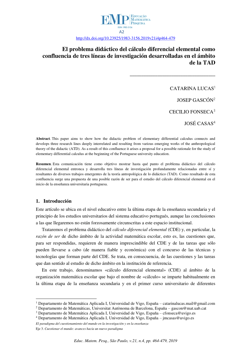 PDF) El problema didáctico del cálculo diferencial elemental como  confluencia de tres líneas de investigación desarrolladas en el ámbito de  la TAD
