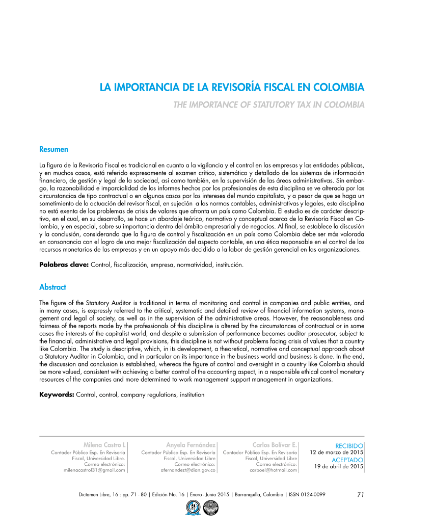 Pdf La Importancia De La Revisoría Fiscal En Colombia