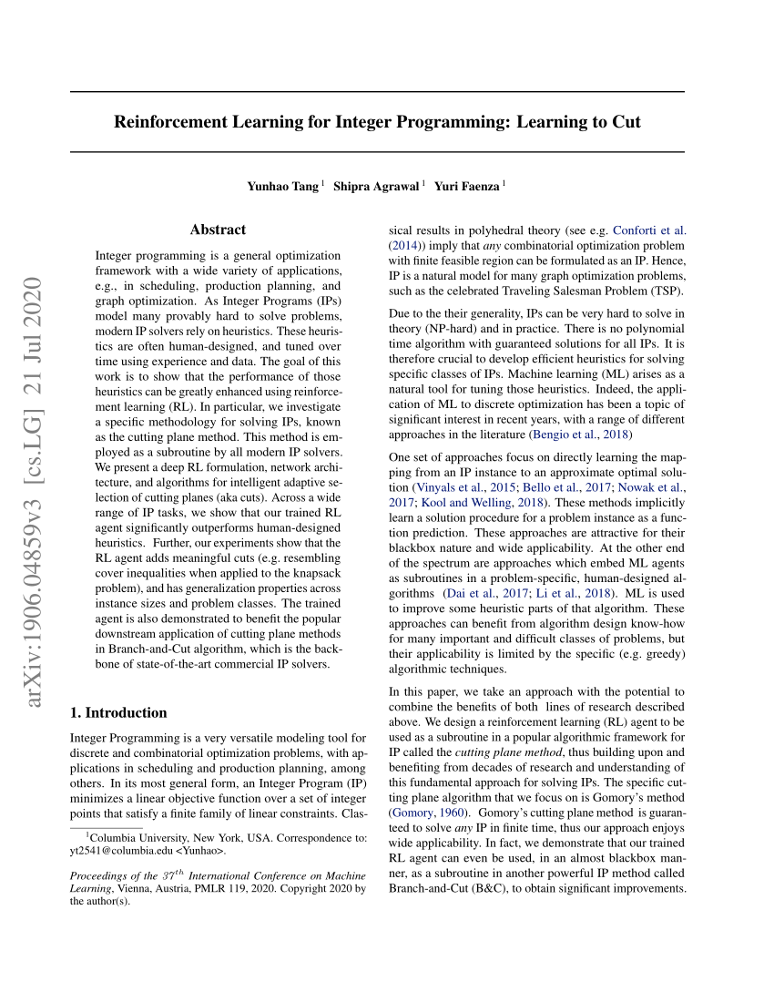 PDF Reinforcement Learning for Integer Programming Learning to Cut