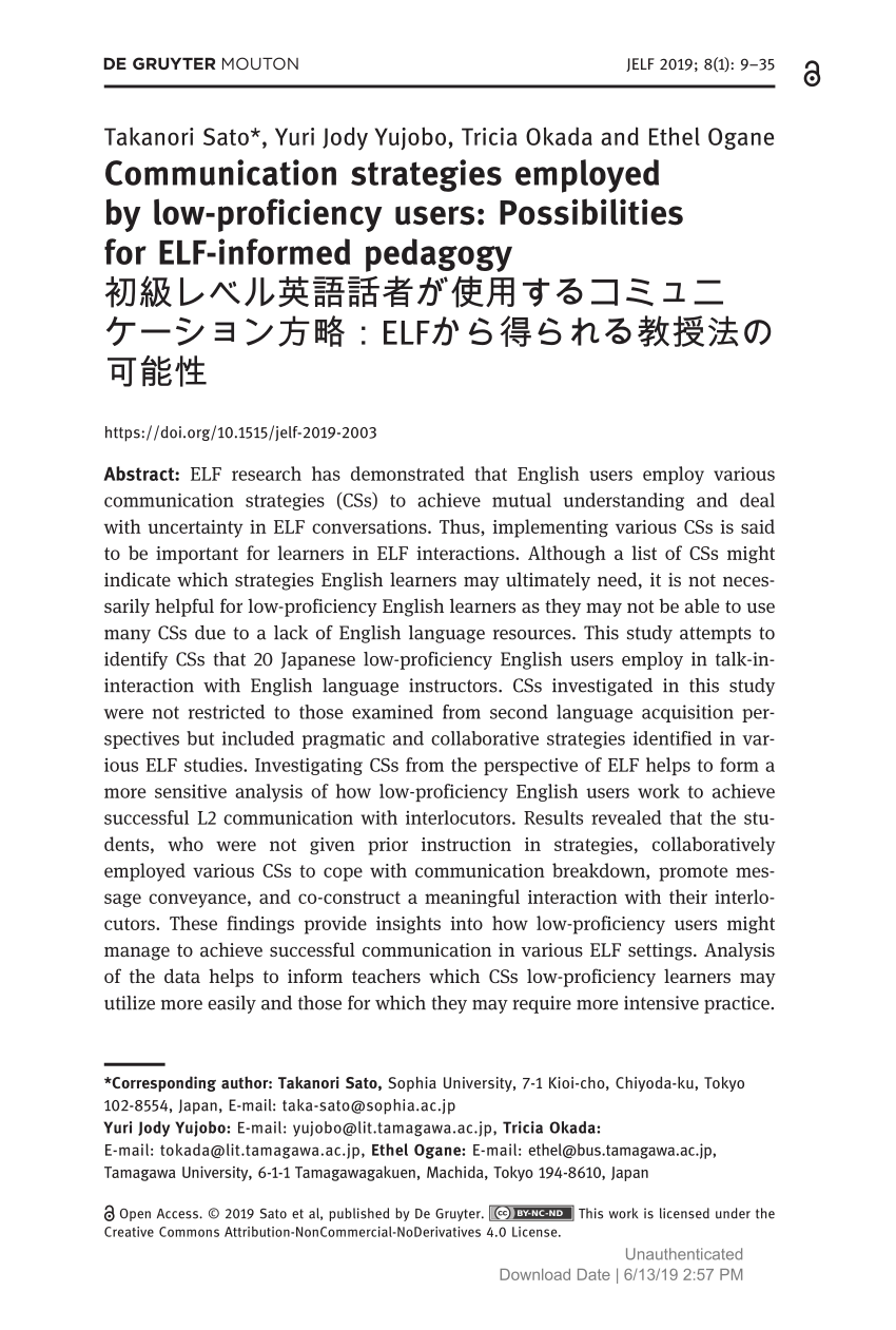 Pdf Communication Strategies Employed By Low Proficiency Users Possibilities For Elf Informed Pedagogy