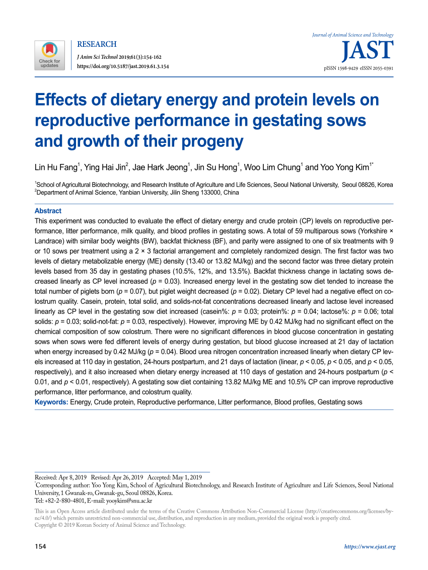Pdf Effects Of Dietary Energy And Protein Levels On Reproductive Performance In Gestating Sows