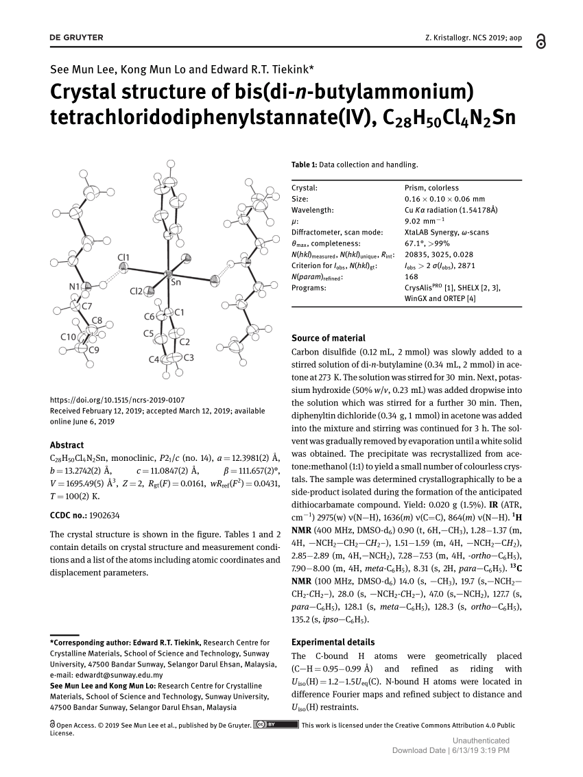 Pdf Crystal Structure Of Bis Di N Butylammonium Tetrachloridodiphenylstannate Iv C28h50cl4n2sn