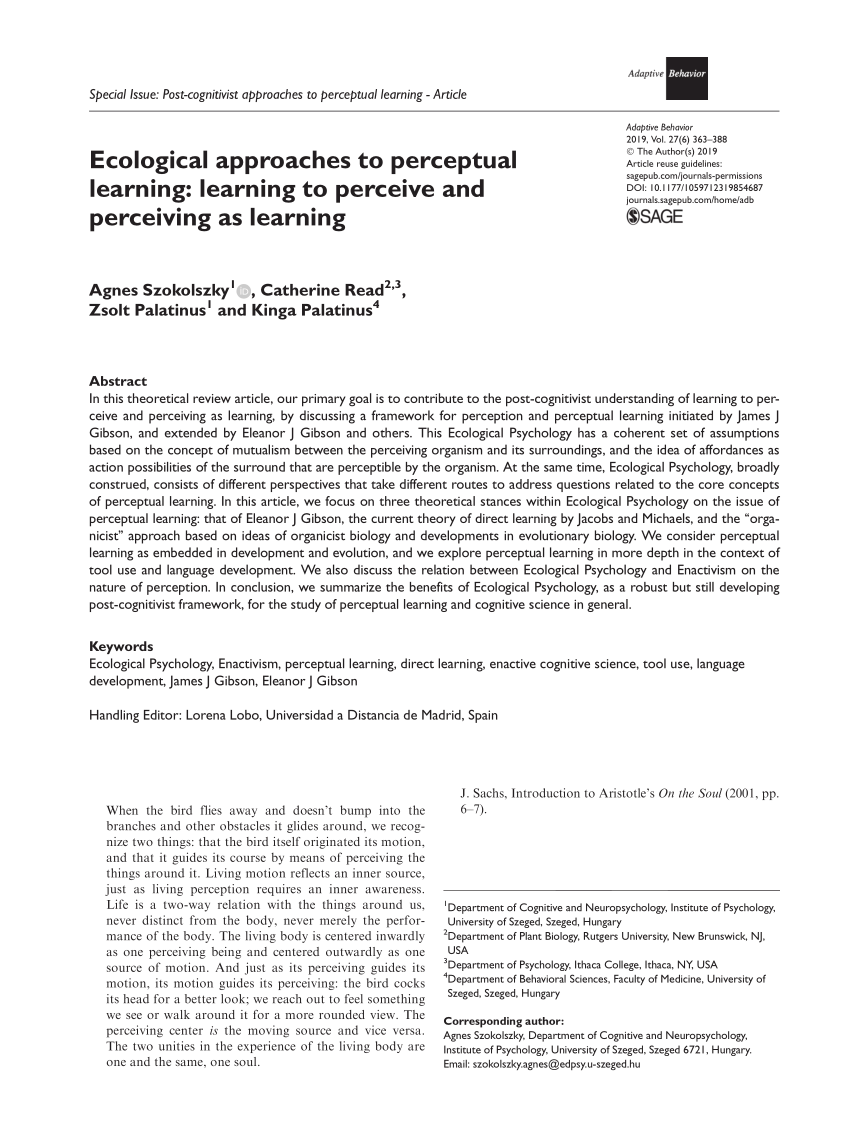 PDF) Ecological approaches to perceptual learning: learning to 