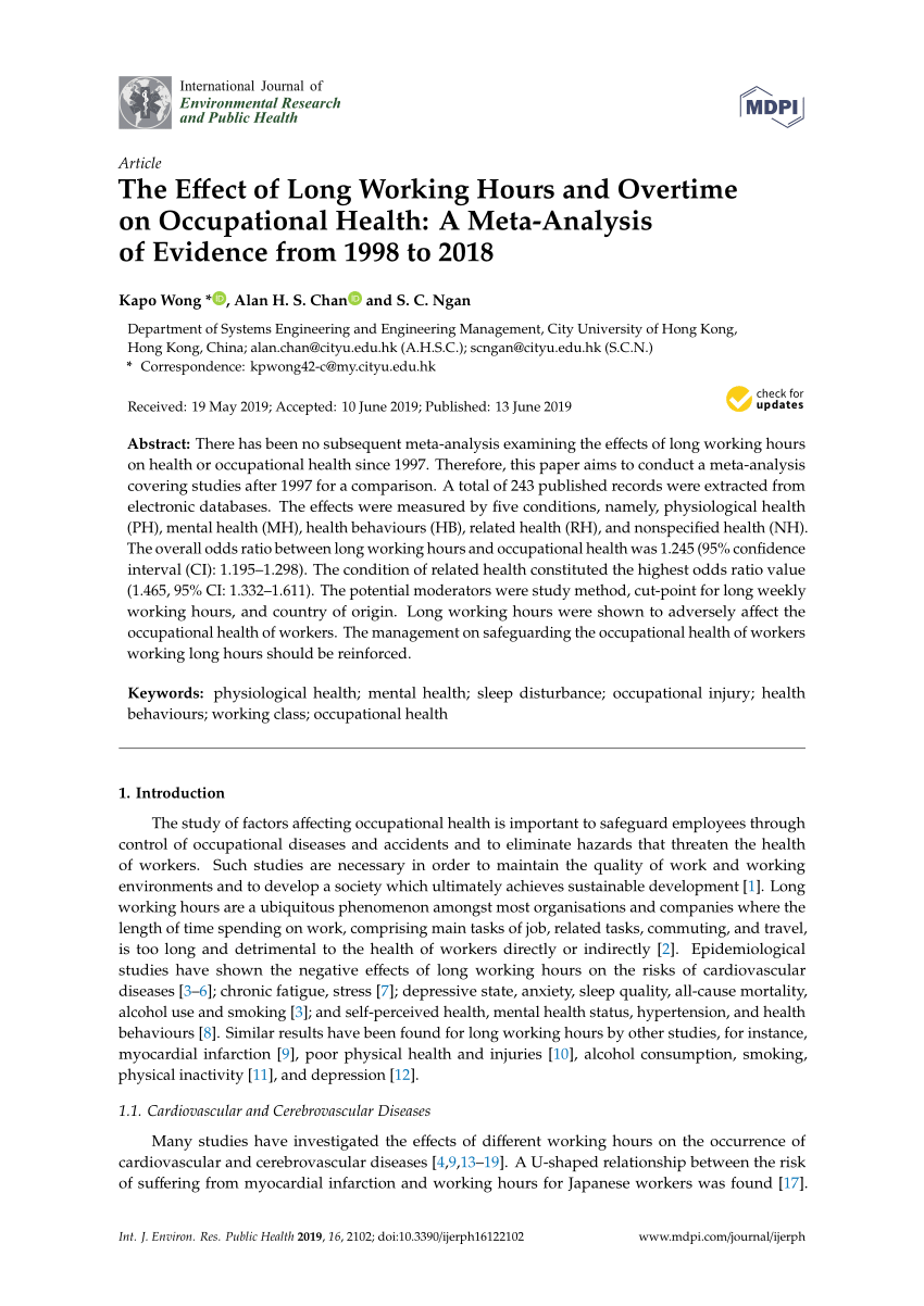 Pdf The Effect Of Long Working Hours And Overtime On Occupational Health A Meta Analysis Of Evidence From 1998 To 18