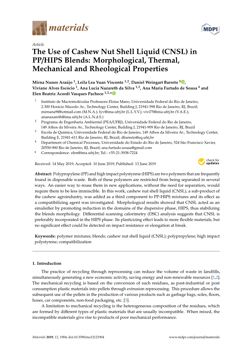 Pdf The Use Of Cashew Nut Shell Liquid Cnsl In Pp Hips Blends Morphological Thermal Mechanical And Rheological Properties