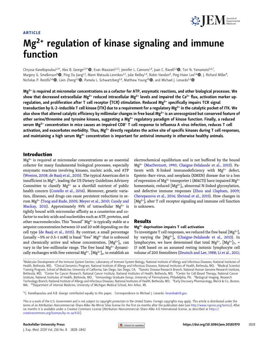 Pdf Mg 2 Regulation Of Kinase Signaling And Immune Function