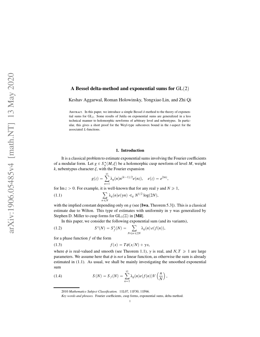 Pdf A Bessel Delta Method And Exponential Sums For Gl 2