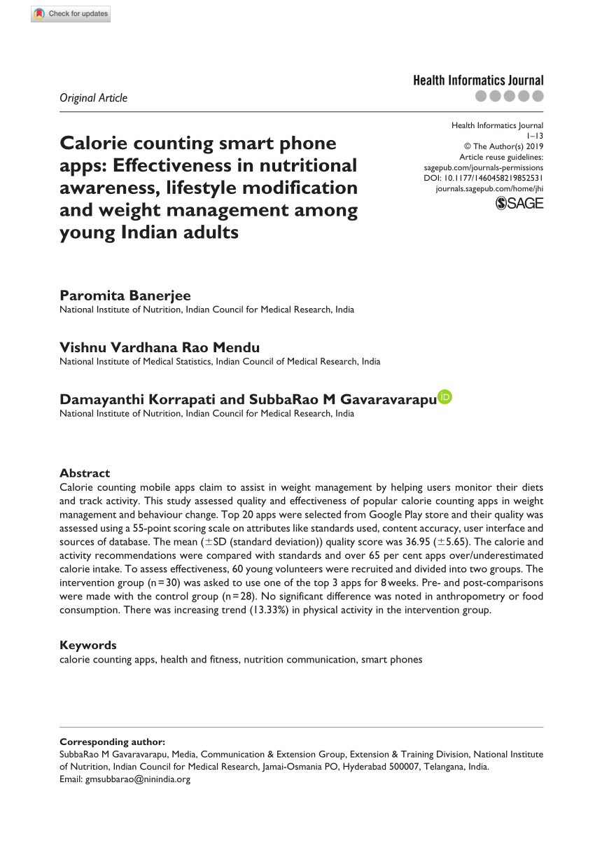 gås Caroline Es PDF) Calorie counting smart phone apps: Effectiveness in nutritional  awareness, lifestyle modification and weight management among young Indian  adults