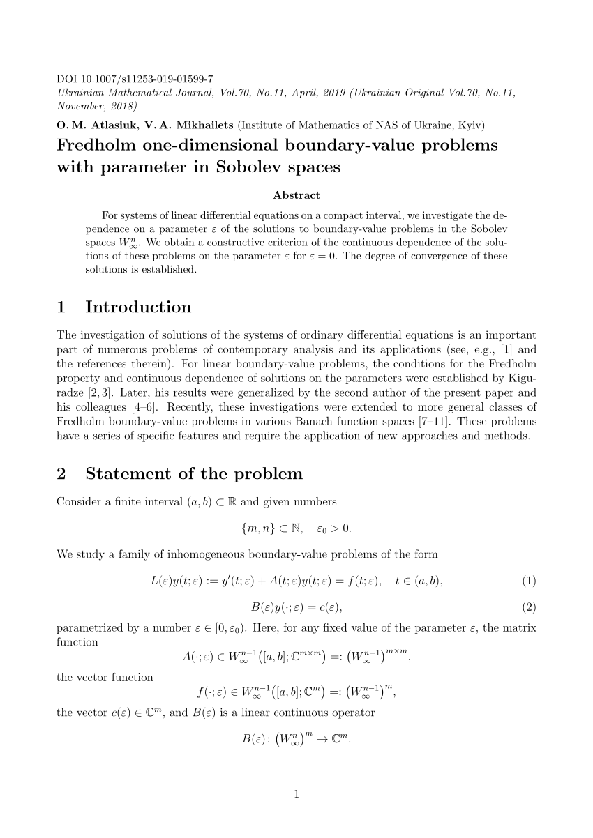 Pdf Fredholm One Dimensional Boundary Value Problems With Parameters In Sobolev Spaces