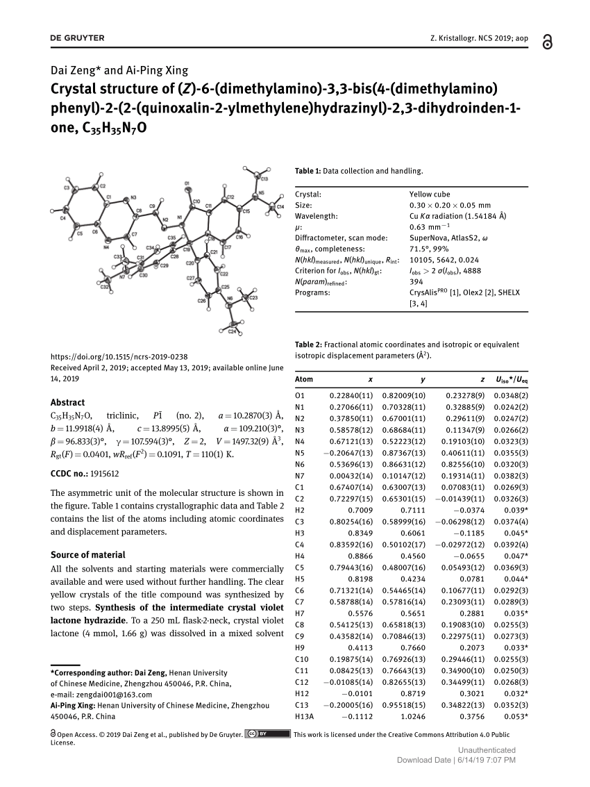 Pdf Crystal Structure Of Z 6 Dimethylamino 3 3 Bis 4 Dimethylamino Phenyl 2 2 Quinoxalin 2 Ylmethylene Hydrazinyl 2 3 Dihydroinden 1 One C35h35n7o