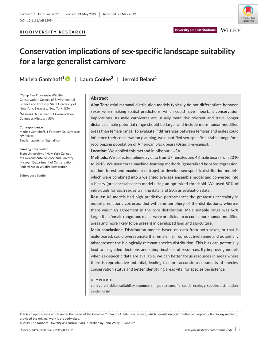 PDF) Conservation implications of sex‐specific landscape suitability for a large generalist carnivore