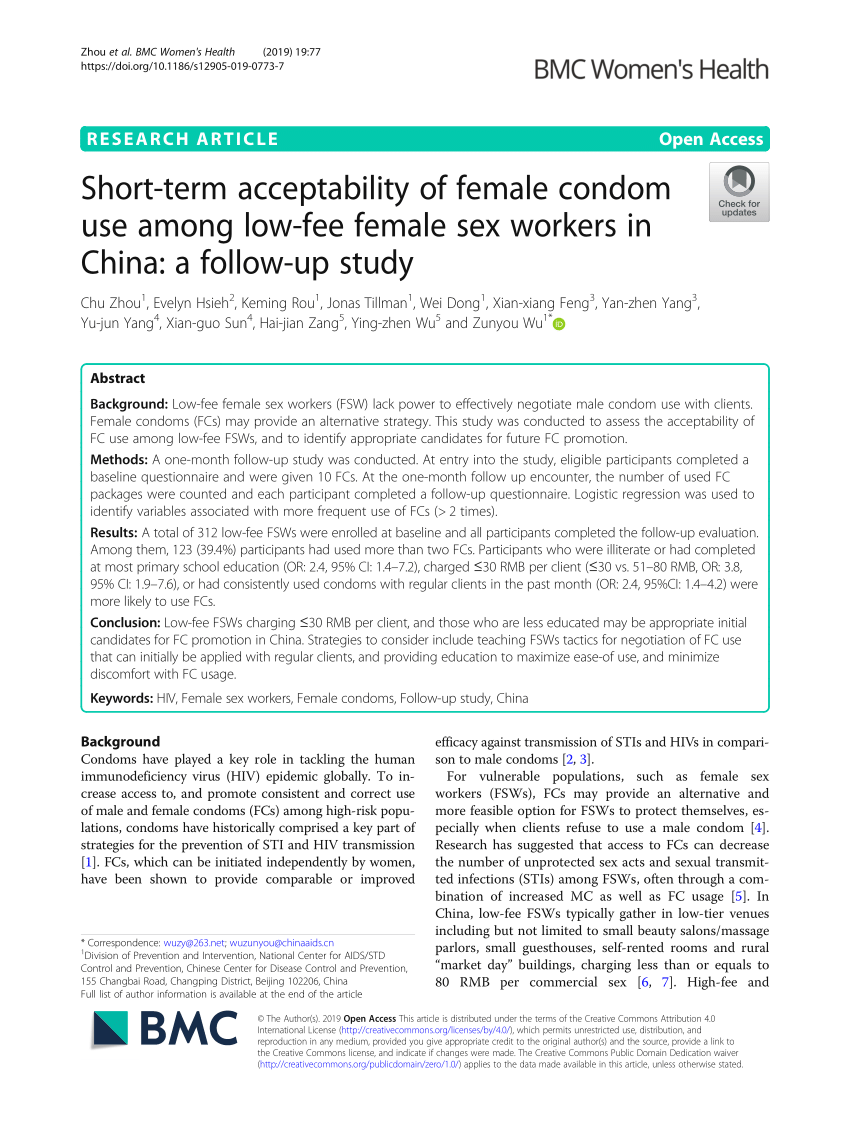 PDF) Short-term acceptability of female condom use among low-fee female sex  workers in China: a follow-up study