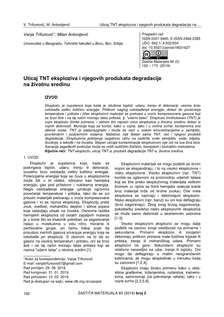 Pdf Impact Of Tnt Explosive And Its Degradation Products On The Environment