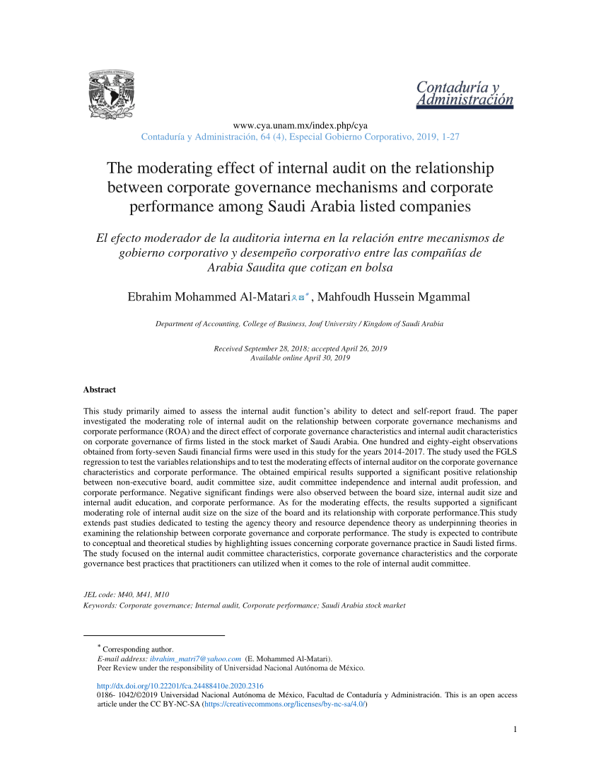 Pdf The Moderating Effect Of Internal Audit On The Relationship Between Corporate Governance Mechanisms And Corporate Performance Among Saudi Arabia Listed Companies