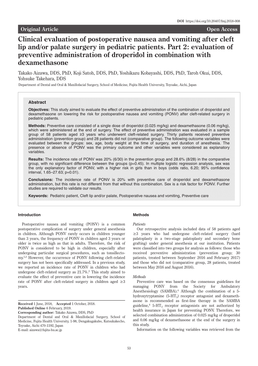 PDF) Clinical evaluation of postoperative nausea and vomiting after cleft  lip and/or palate surgery in pediatric patients. Part 2: evaluation of  preventive administration of droperidol in combination with dexamethasone