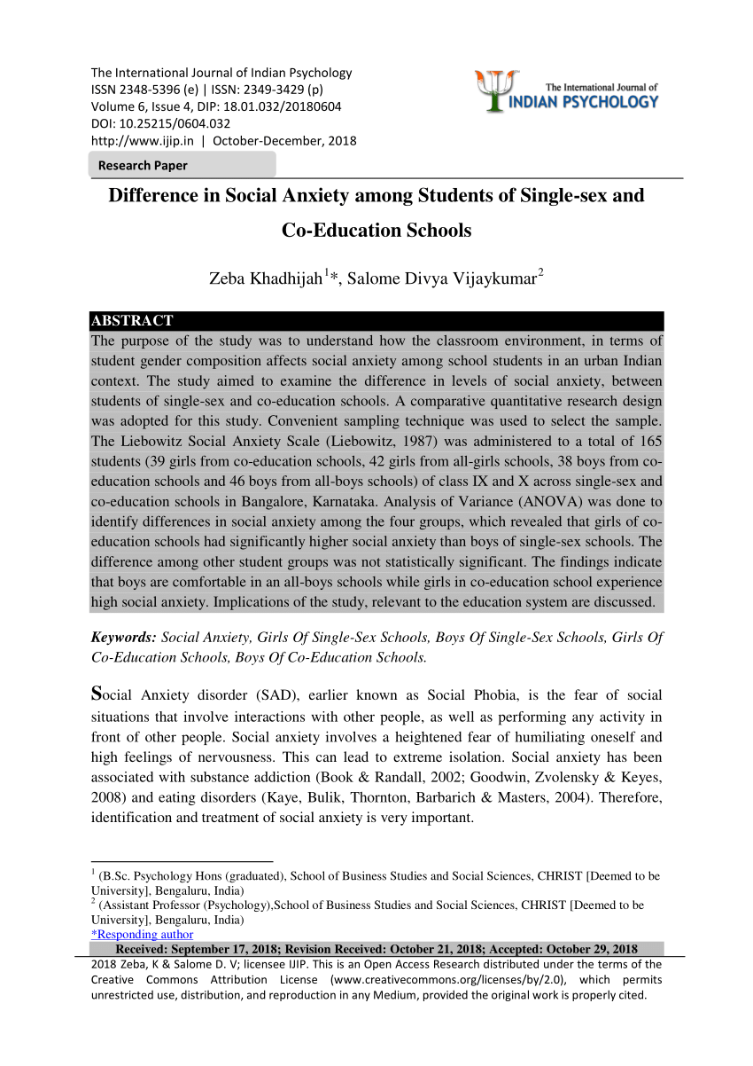 PDF Difference in Social Anxiety among Students of Single sex and