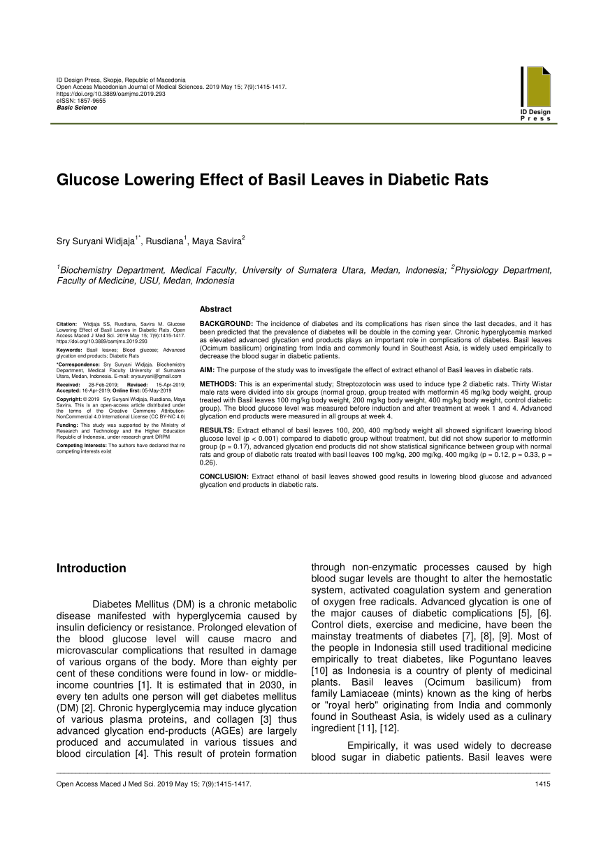 PDF Glucose Lowering Effect of Basil Leaves in Diabetic Rats