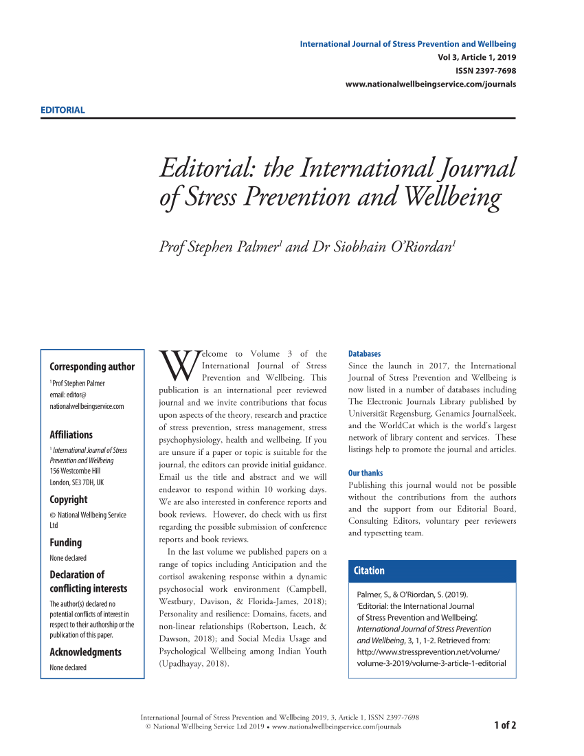 Pdf Editorial The International Journal Of Stress Prevention And Wellbeing