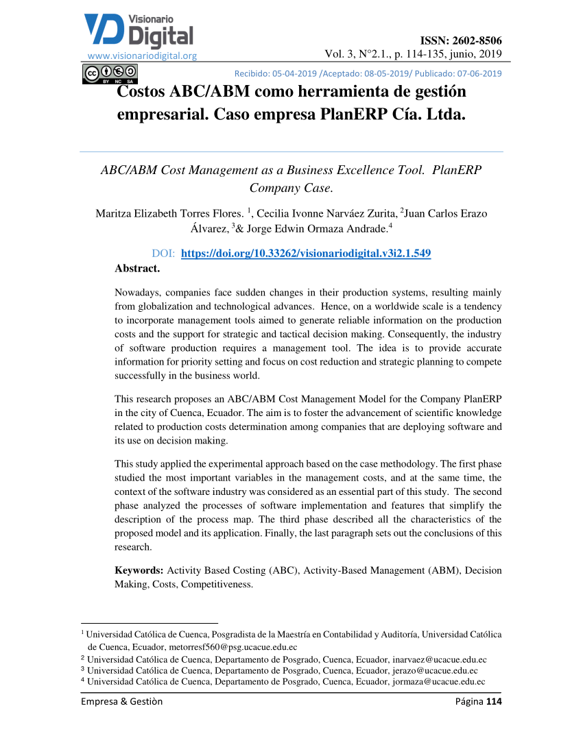 PDF) Costos ABC/ABM como herramienta de gestión empresarial. Caso empresa  PlanERP Cía. Ltda.