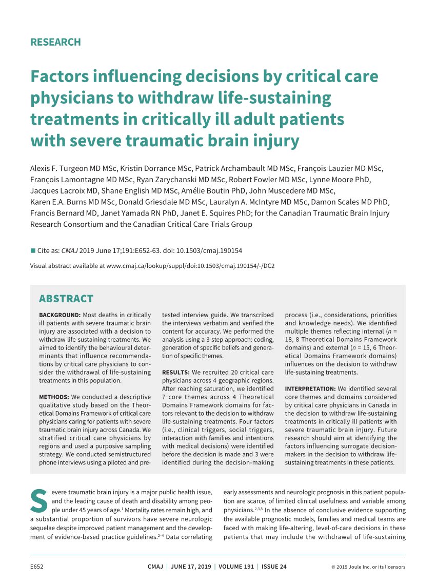 Pdf Factors Influencing Decisions By Critical Care Physicians To Withdraw Life Sustaining Treatments In Critically Ill Adult Patients With Severe Traumatic Brain Injury